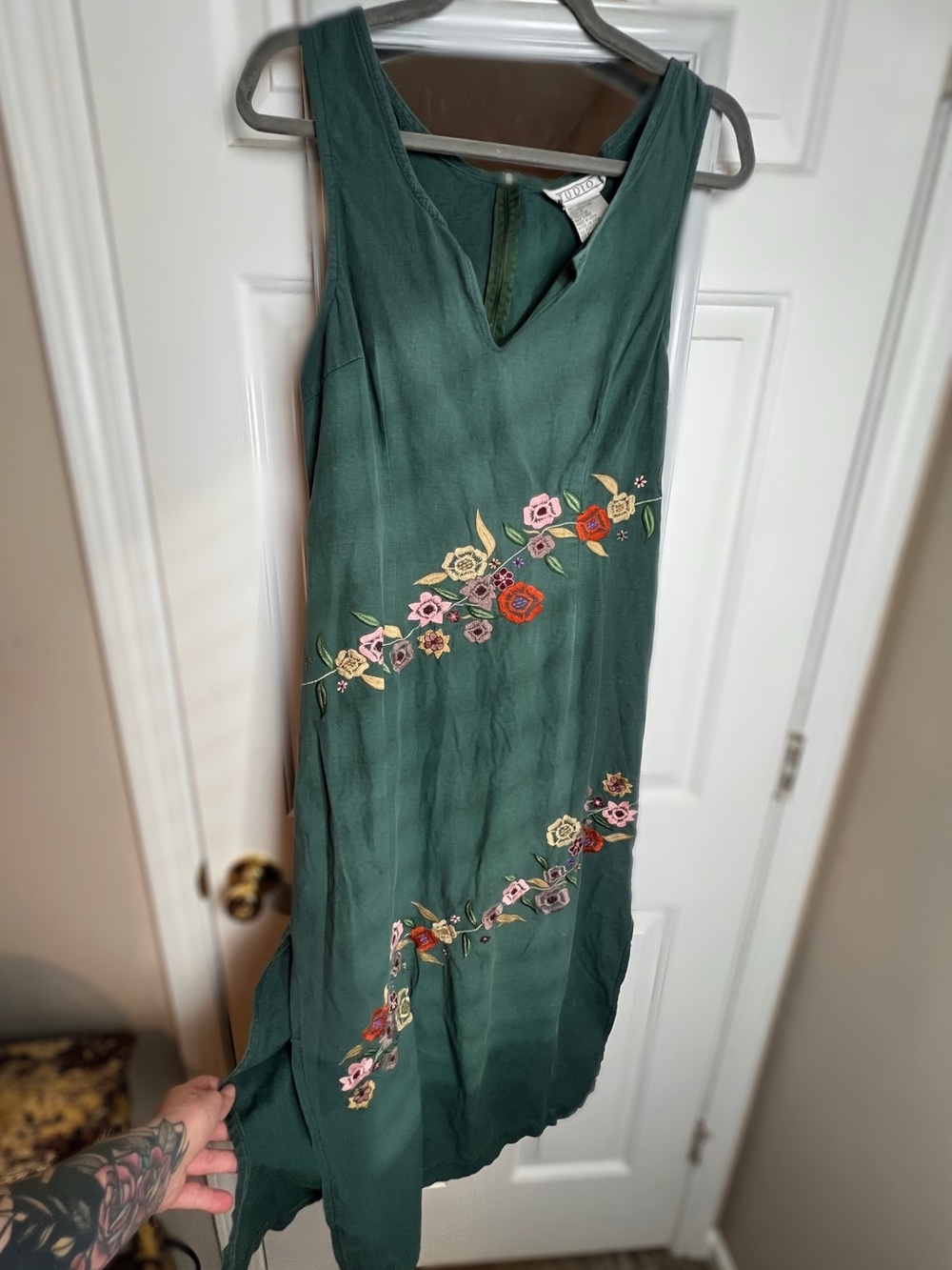 Vintage 90s Studio C Embroidered Linen Maxi Dress Green Boho Cottagecore Size 10
